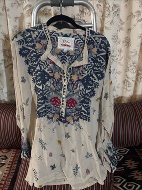 Johnny Was Cream Tunic with Navy and Multicolor Embroidery
